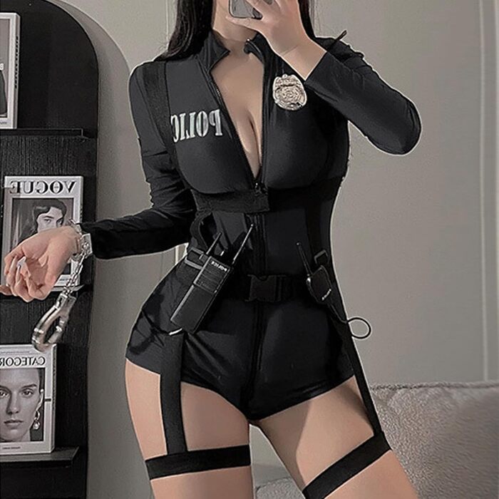Костюм поліцейського 3-в-1 BDSMJOY для жінок, сексуальний косплей поліцейської, аксесуари: наручники, капелюх, чорний, XXL