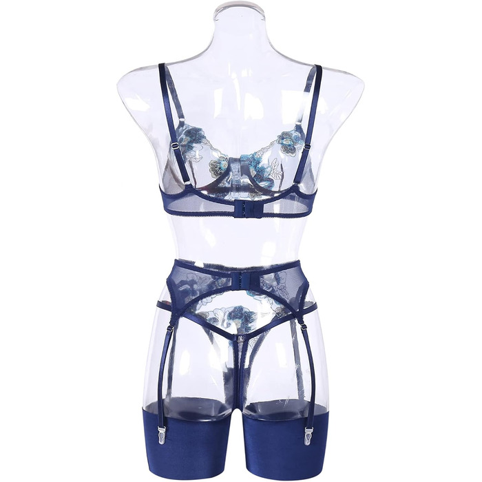 Сексуальна спідня білизна Dessous для жінок: комплект з бюстгальтером, трусиками та стрінгами з мереживом, 4 шт. (темно-синій)