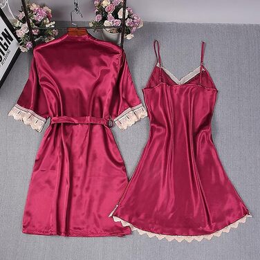 Жіночий халат-кімоно з мереживом, довгий халат, нічна сорочка з довгим рукавом, нічна сорочка-бабідолл, комплект (червоний, L)