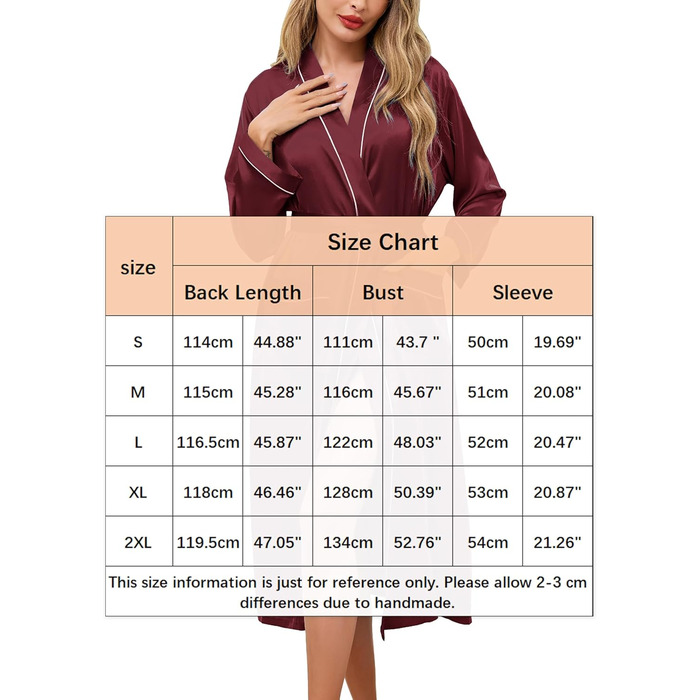 Жіночий атласний халат довгий, баня халат, кімоно, легкий, весільний, м'який, для вечірки, нічна сорочка, V-подібний виріз, S-X (XL, пурпурно-червоний)