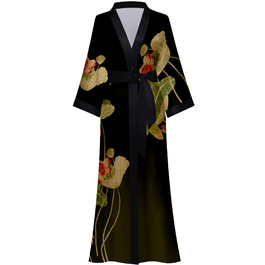 Жіночий халат з довгим рукавом з шовку та атласу, халат-кімоно з квітковим принтом, універсальний розмір (чорний, зелений з квітковим принтом)