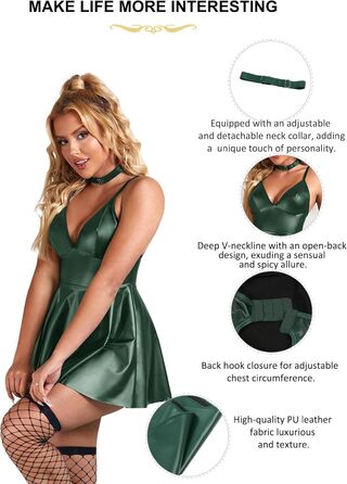 Сукня облягаюча Lederkleid жіноча, великий розмір, екошкіра, з вирізом V, відкрита спина, з комірцем, лакована, зелена, розмір S