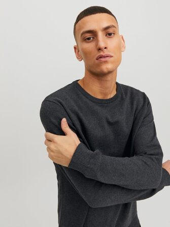 Чоловічий трикотажний джемпер Jack & Jones JJ Basic Knit Crew Neck Noos, темно-сірий меланж, розмір L