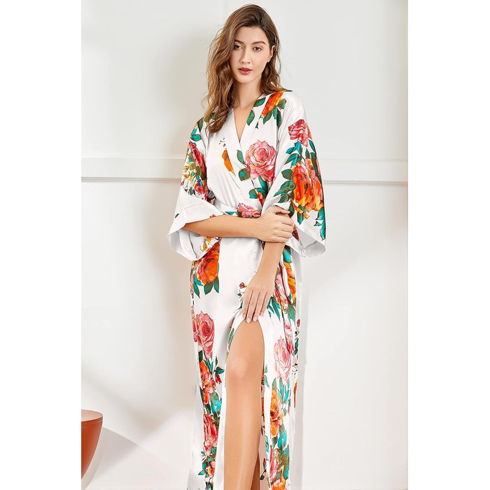 Халат жіночий шовковий максі з квітковим принтом BABEYOND, літній кімоно, довга сорочка для дому, вечірки, піжами