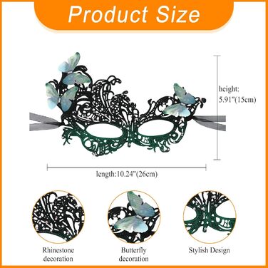 Набір з 3 шт. Венеціанська маска з мереживом та метеликами, оздоблена стразами. Ідеально для карнавалу, Хелловіну, вечірки, маскараду. Стиль 1920-х, вінтаж, для жінок.