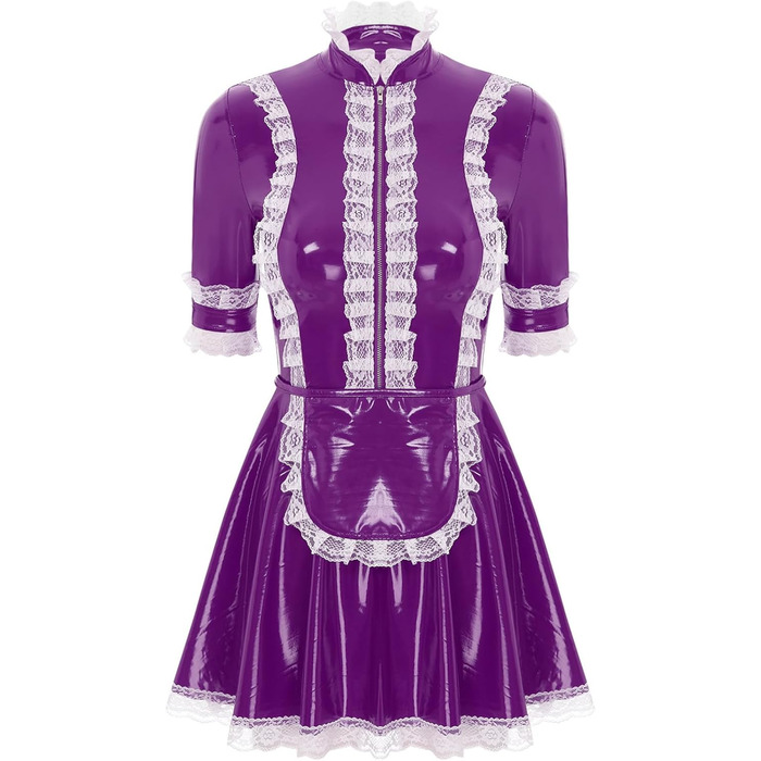 Костюм покоївки Agoky з лакованої шкіри, міні-сукня з мереживним фартухом та мереживною спідницею, еротична білизна, клубний одяг (M, фіолетовий)