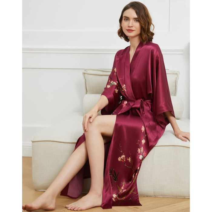 Шовковий халат-кімоно Ledamon для жінок, довгий, 100% шовк, класичний квітковий халат, нічна сорочка, універсальний розмір, бордовий
