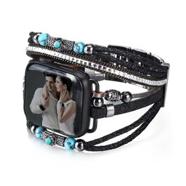 Шкіряний браслет Boho для Apple Watch — багатошаровий ремінець для iWatch Series 11 10 9 8 7 6 5 4 3 2 1 SE Ultra 1 2 3, чорний, 42/44/45/46/49мм