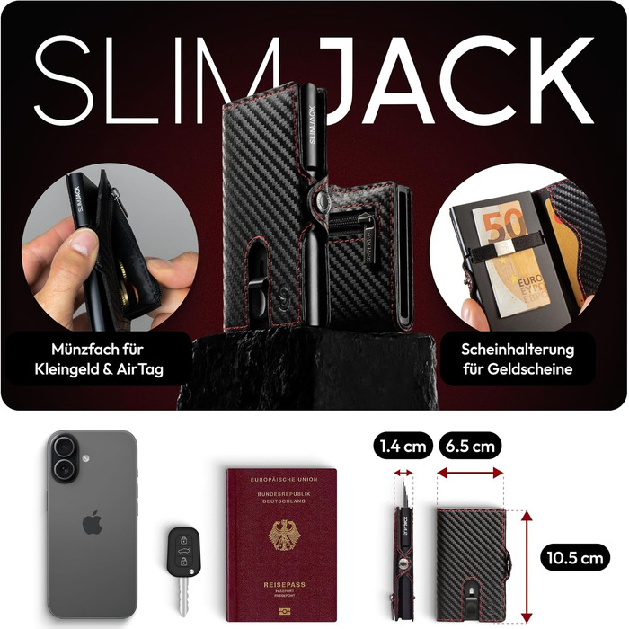 Розумний гаманець SLIMJACK з монетницею та RFID-захистом, чоловічий тримач для карток з алюмінію та шкіри (Modern, Carbon Redline)