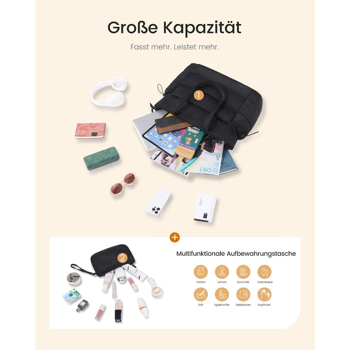 Жіноча сумка-шопер LOVEVOOK велика м'яка сумка (Puffer Bag) для роботи та ноутбука 15.6 дюймів, чорна (комплект 2 шт)