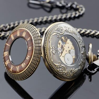 Скелетон кишеньковий механічний годинник Tiong Vintage Steampunk з ланцюжком, римські цифри, бронзовий колір (у подарунковій коробці)