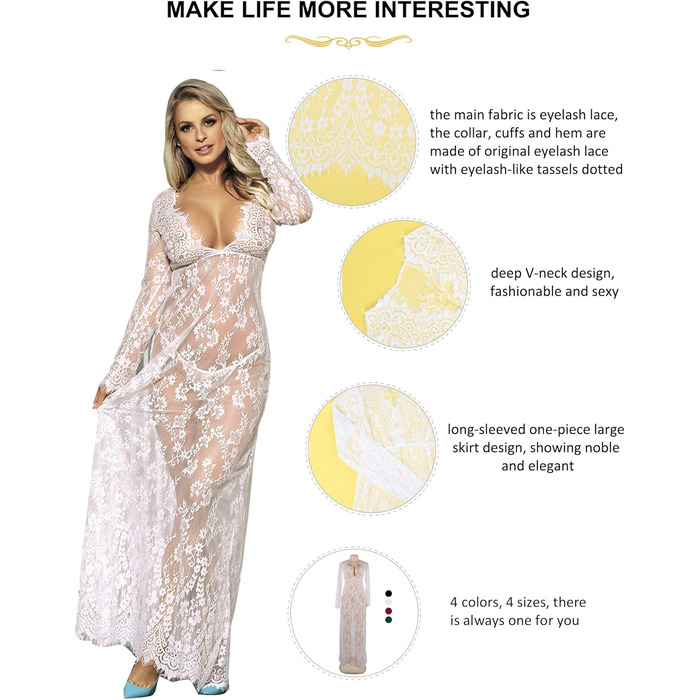 Сукня для вагітних ComeOnDear з мереживом, довга, з довгим рукавом, V-подібний виріз, прозора, неймовірна, з G-String (3XL-4XL, Білий)