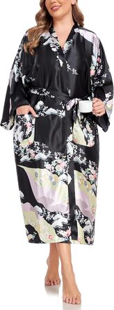 Кимоно халат для жінок, великі розміри, сатин, квітковий принт, чорний, XL