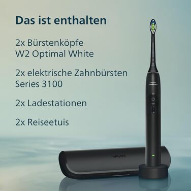 Електрична сонічна зубна щітка Philips Sonicare 3100 HX3675/15, з контролем натискання та таймером, набір 2 шт (Sugar Rose та Чорна) з дорожніми футлярами