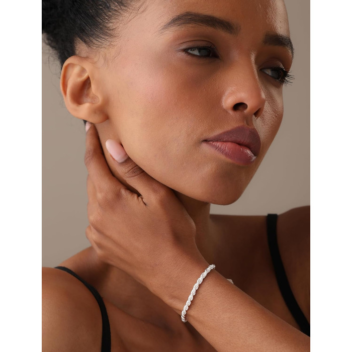 Срібний браслет LeCalla 925 Sterling Silver 4 мм, класичний плетений ланцюг «канатка» з алмазною огранкою, Італія, довжина 8 дюймів (унісекс)