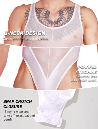 Боді для чоловіків AIEOE: прозорий боді, топ, майка, під одяг, без рукавів, труси-танга (білий)