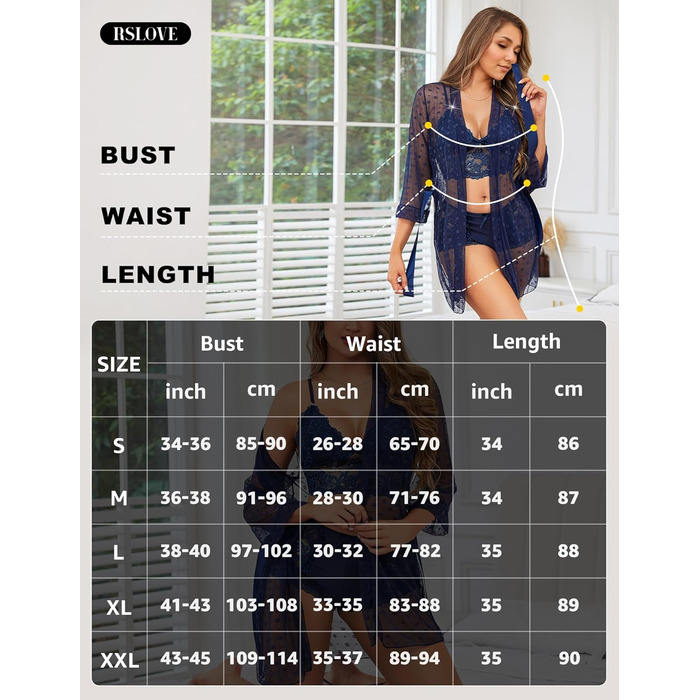 RSLOVE Комплект сексуальної білизни для жінок - мереживний халат, бюстгальтер та труси, S, темно-синій