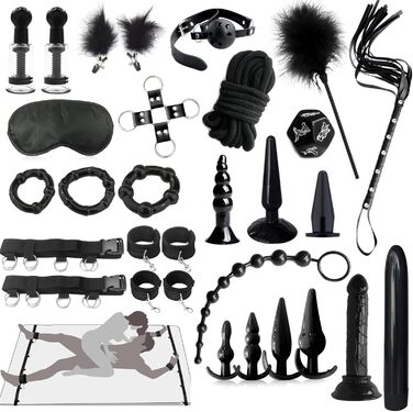 Набір для БДСМ: 26 предметів - наручники, аналплаг, кільце для пеніса, чік, прищіпки для сосків, маска для очей, плеть, заглушка. Ідеальний набір для сексуальних ігор та зв'язування.