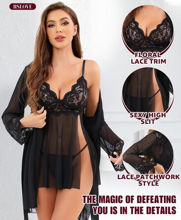 Комплект ніжної нічної сукні та халату RLOVE для жінок (M, чорний)