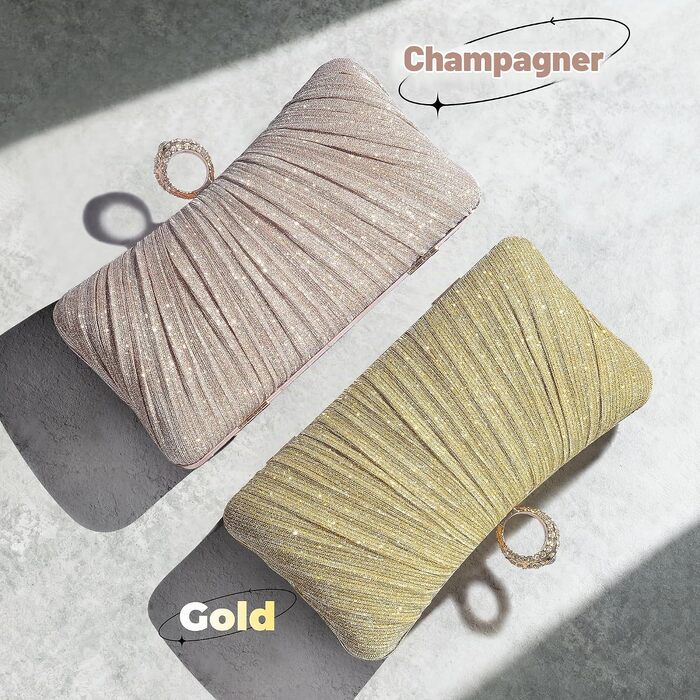 Жіночий вечірній клатч-гаманець золотистого кольору Small Champagne, плисе з кільцем зі стразами для нареченої, весілля та вечірок