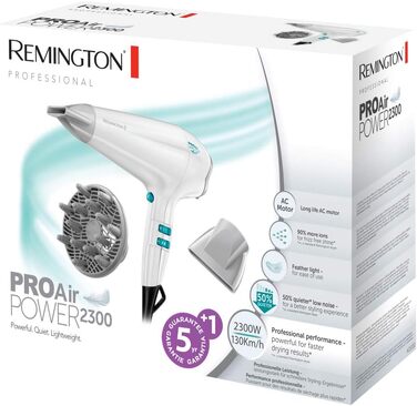 Фен для волосся Remington Pro-Air Power AC6330 з іонною технологією, 2300 Вт, AC-мотор, з дифузором та двома насадками-концентраторами, білий