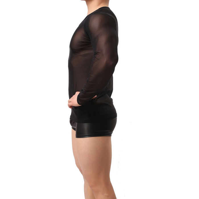 Чоловіча прозора чорна майка з довгим рукавом - нічна сорочка, сексуальна білизна, обтисла футболка з еластичних волокон, чорна майка-сітка L-XL