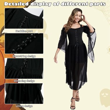 Костюм Ренесанс для жінок: середньовічне плаття з рукавами-трубами, готичне максі, для карнавалу, Хелловіну, вечірки, чорний
