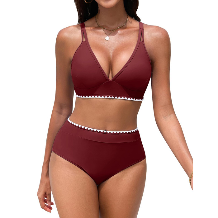 БІКІНІ ЖІНОЧИЙ ДВІ-ШТУЧКИ ПУШ-АП, ВИСОКА ТАЛІЯ, З БІЛИМ КРУЖИВОМ (БОРДОВИЙ, XL)