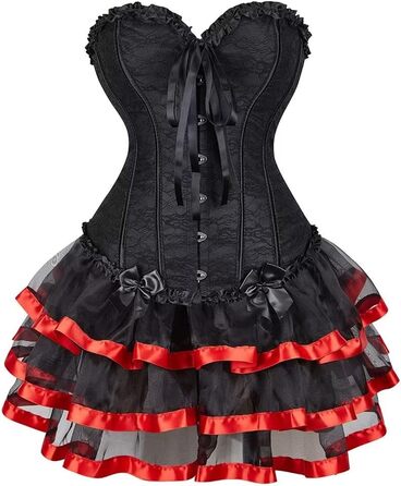 Сукня-корсет з корсетом, спідницею та корсажем, мереживо, шнурівка, вінтажний стиль, чорно-червоний (XXS)