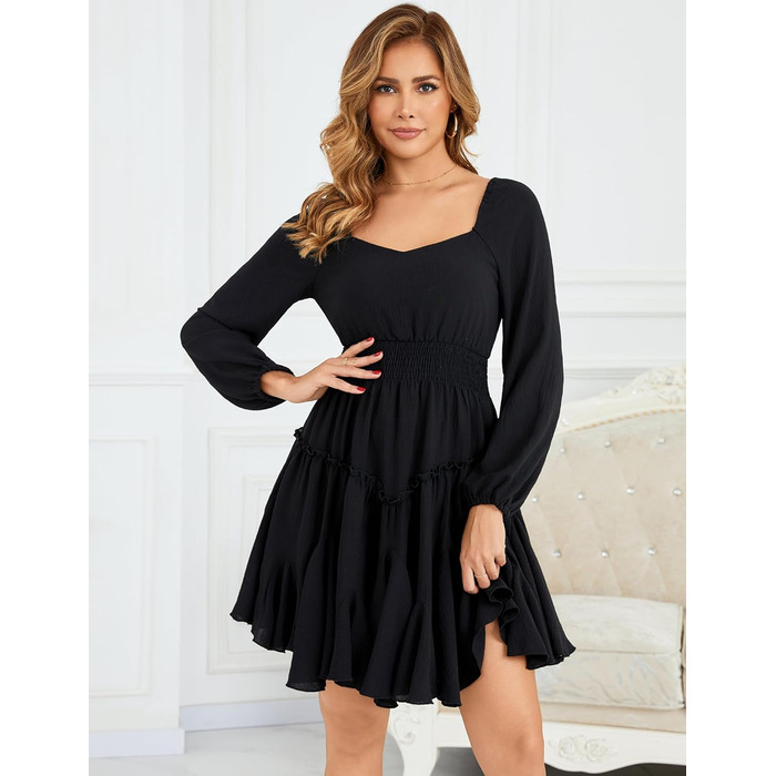 Сукня жіноча Beluring з довгим рукавом, квадратний виріз, висока талія, міні, бавовна, чорна