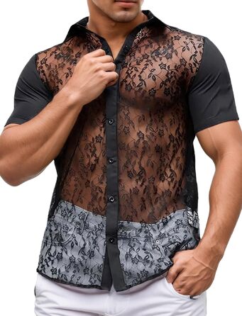 Чоловіча прозора сорочка-майка, мереживна футболка з короткими рукавами для вечірок та клубу (чорна, розмір M)