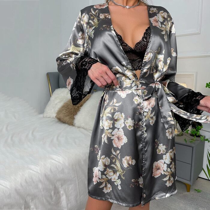 Світшот з фротте, сатиновий халат, піжама, нічна сорочка, кімоно, халат для душу, даний з поясом (сірий, S)