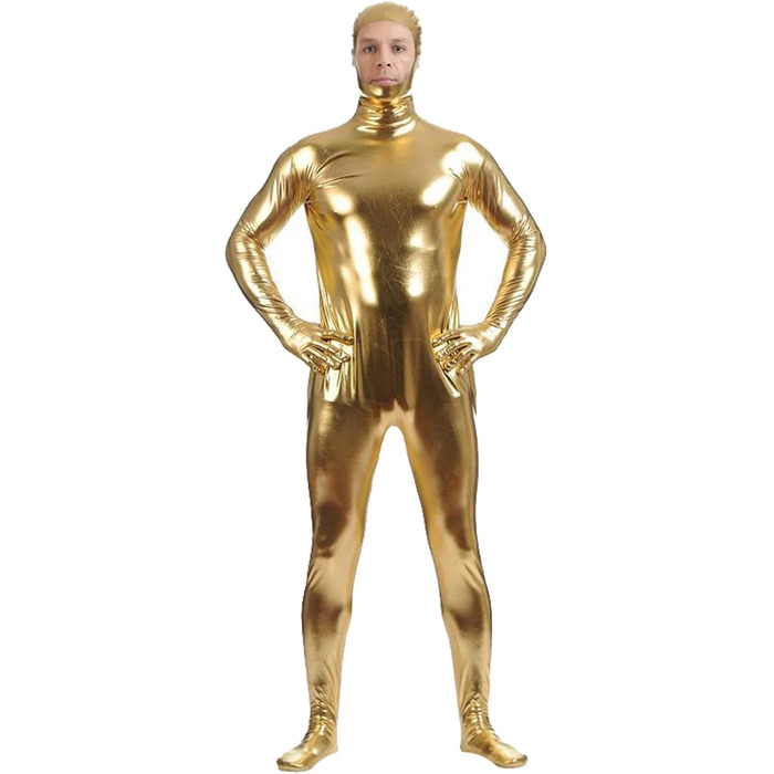 Сексуальний латексний catsuit з відкритим обличчям, блискавка, комбінезон для клубу, Хелловін, сцена (Золотий, M)