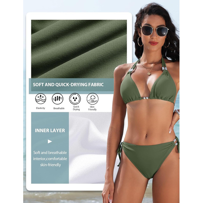 БІКІНІ Triange Bikini для жінок, комплект, сексуальний стрінг, купальник з високою талією, push-up, з перлами, танга, бавовна, XXL (зелений)