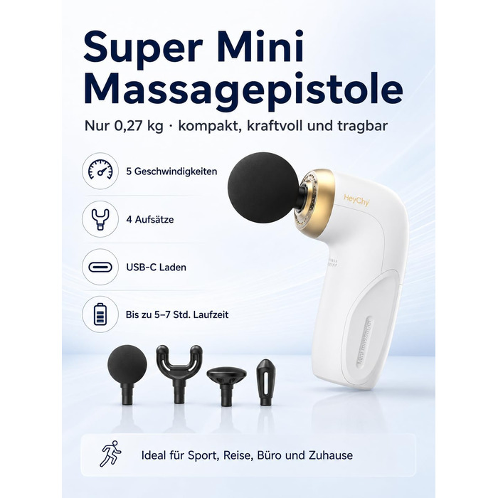 Міні-перкусійний масажер HEYCHY A1 Super Mini Massagepistole, 4 силіконові насадки, білий