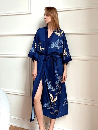 Жіночий халат-кімоно з довгим атласним рукавом, принт квітів, однорозмірний, темно-синій - Kranich und Kiefer