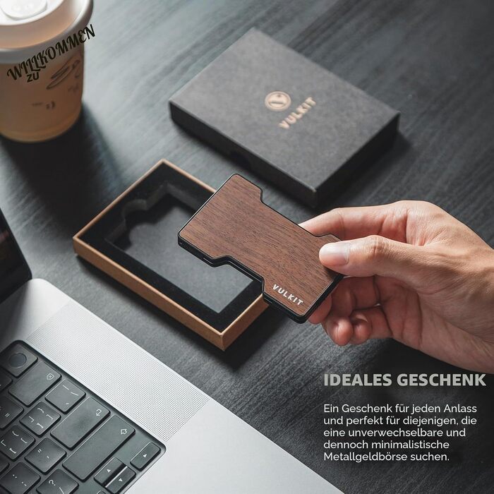 Чоловічий картхолдер VULKIT зі сталевим затискачем для грошей, Slim Wallet з RFID-захистом, компактний гаманець з текстурою під дерево на 12–15 карток