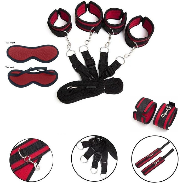 Набір для БДСМ з обмеженням: набір для пар, з кріпленнями для ліжка, наручниками, пов'язкою на очі. Червоний колір