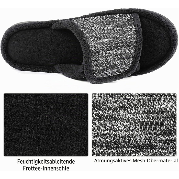 Чоловічі домашні капці-шльопанці RockDove з ефектом пам'яті (Memory Foam), регульований ремінець, чорні, розмір 42/43 EU