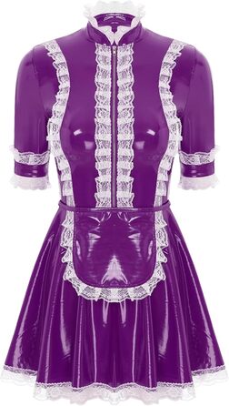 Костюм покоївки Agoky з лакованої шкіри, міні-сукня з мереживним фартухом та мереживною спідницею, еротична білизна, клубний одяг (M, фіолетовий)