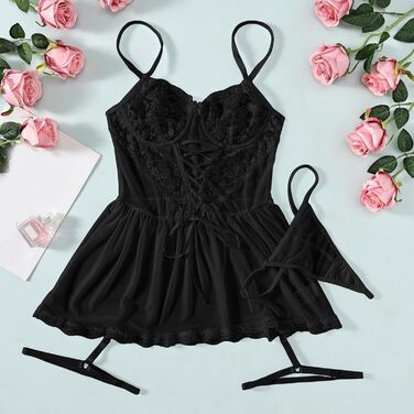 Сексуальна спідня білизна: боді, комплект, babydoll з мереживом. Сексуальна нічна сорочка, спідня білизна для свята (Чорний, S)