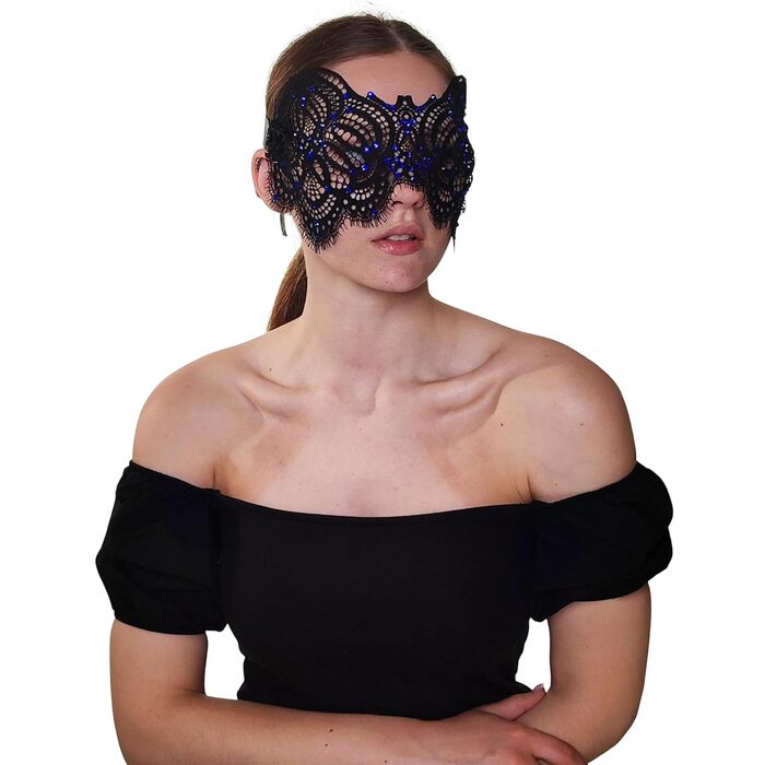 Чорна маска з мереживом та блакитними стразами для жінок - венеціанська маска для маскараду, карнавалу, Хелловіну, вечірки, Фашінгу, костюмного балу, ручної роботи, елегантна маска для очей чорного кольору (з блакитними стразами)