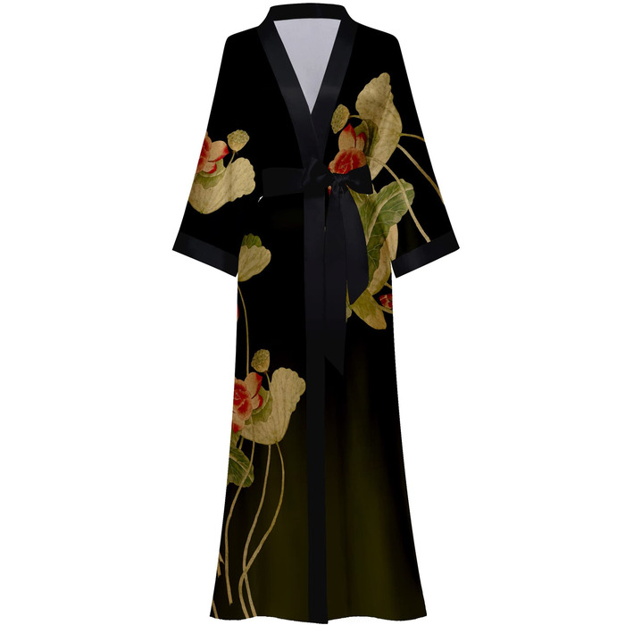 Жіночий халат з довгим рукавом з шовку та атласу, халат-кімоно з квітковим принтом, універсальний розмір (чорний, зелений з квітковим принтом)