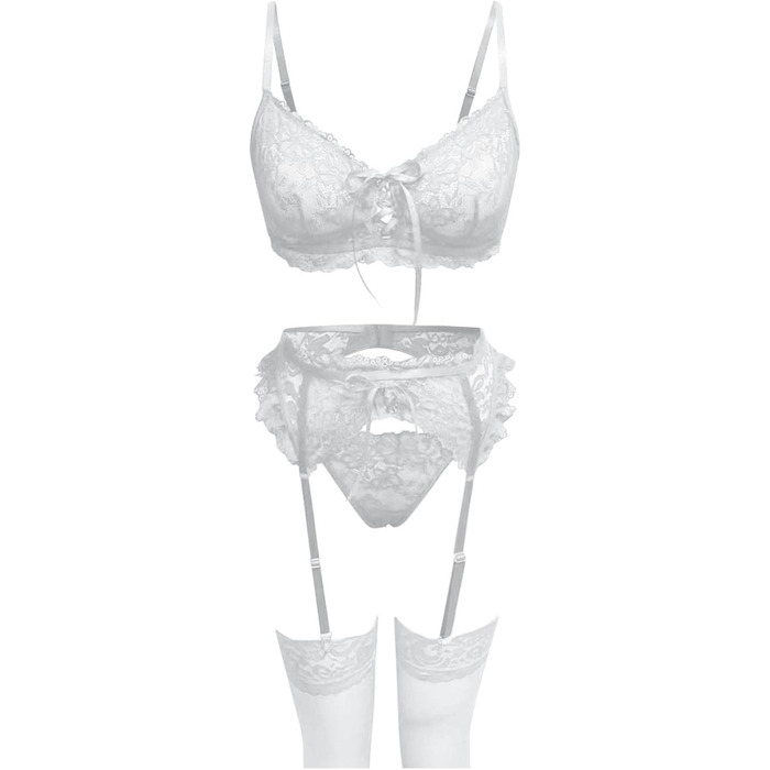 Сексуальний жіночий комплект спідньої білизни з стріжками: мереживний бюстгальтер push-up та труси G-string, висока талія, V-подібний виріз, білий, XXL