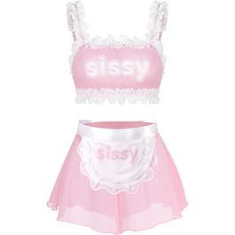 Комплект жіночої/чоловічої нижньої білизни LittleForBig з прозорого мережива: бра, труси, спідниця знімною зав'язкою (M, Рожевий)