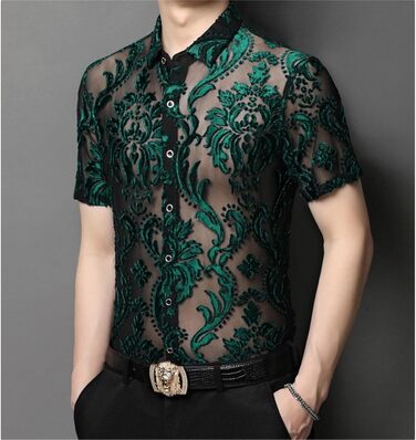 Чоловіча сорочка AWMew, мереживо, сітка, коротка, клубний стиль, з відкритим декором (зелена, XXL)
