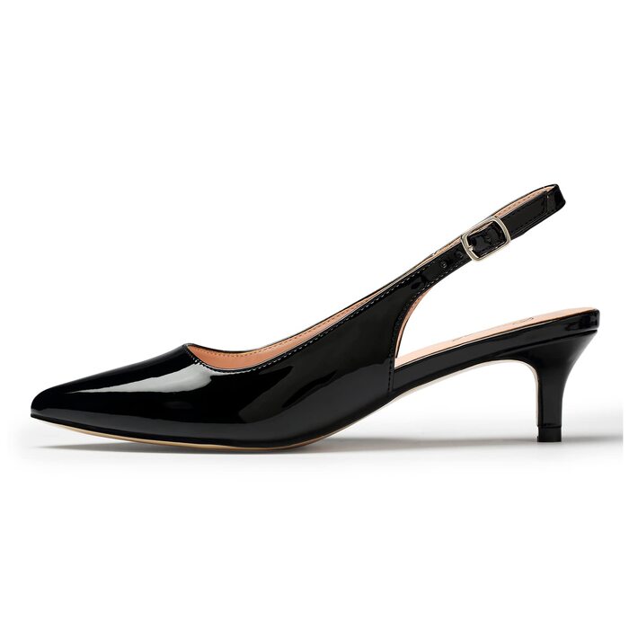 Жіночі елегантні туфлі-човники GENSHUO на низьких підборах (kitten heels) з відкритою п'ятою, чорний лак, розмір 42 EU