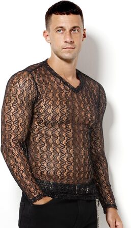 Муслін футболка Casey Kevin Herren Transparent, прозора сітка з довгим рукавом, сріблясті акценти, вертикальна смужка, V-подібний виріз, A2-чорний L