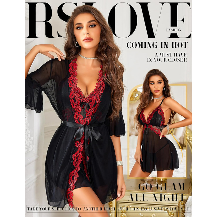 Халат жіночий мереживний RSLOVE, бандаж, babydoll, нічна сукня, чорний, винний