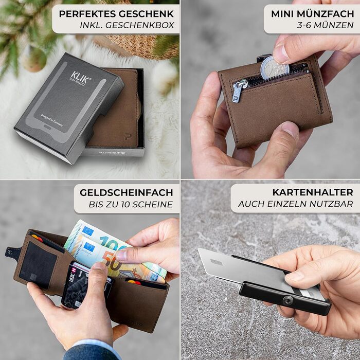 Шкіряний мінімалістичний гаманець KLIK Slim для чоловіків з монетницею та RFID захистом, коричневий вінтаж